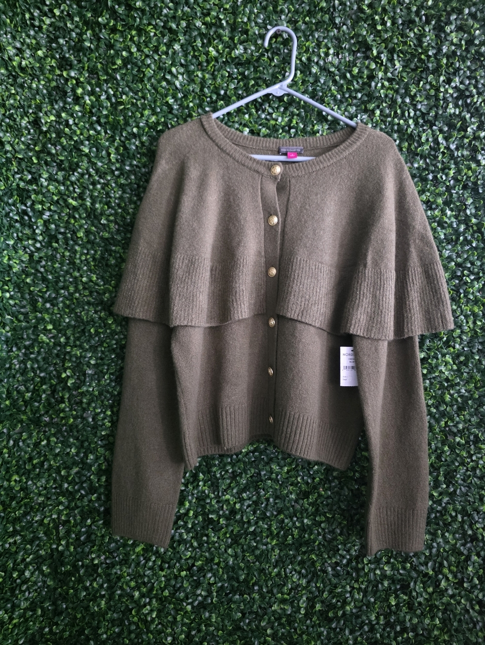 Vince Cumuto Women's  Olive Green Layered Cape Button-Front Cardigan Size L